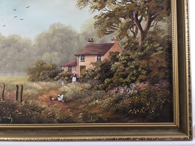 Lot 189 - Terence Grundy (b.1956), oil on canvas country cottage in gilt frame