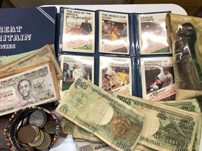 Lot 372 - Selection of GB and world coins and banknotes, enamelled car badges and collection of Essex Squelchers football cards