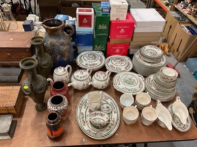 Lot 440 - Four pieces of West German pottery, a pair of continental spelter vases, and a large quantity of Johnson Bros Indian Tree china