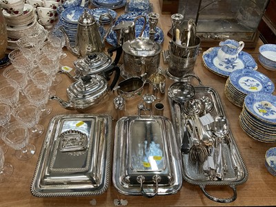 Lot 382 - Two silver plated entree dishes, together with silver plated cutlery, teapots and other items.