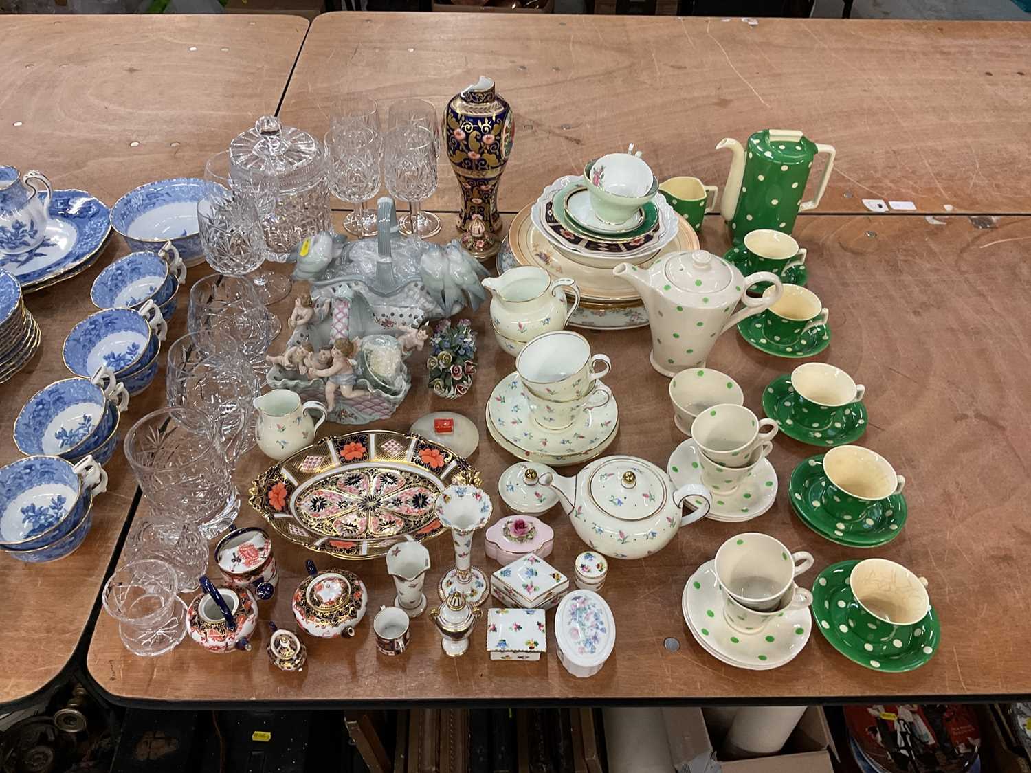 Lot 380 - TG Green Polka Dot pattern part coffee set, together with Royal Crown Derby and other ceramics and glass.