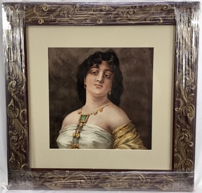 Lot 330 - Italian School, early 20th century, watercolour - A Venetian Beauty, indistinctly signed, 28cm square, in ornate gilt moulded frame