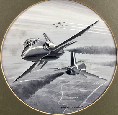 Lot 52 - Brian Knight, monochrome gouache illustration The Red Arrows, signed, 25cm diameter, mounted