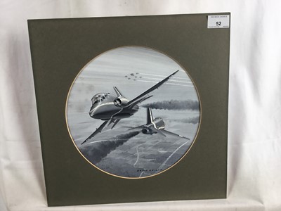 Lot 52 - Brian Knight, monochrome gouache illustration The Red Arrows, signed, 25cm diameter, mounted