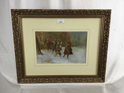 Lot 211 - After Albert Gustav Schwartz, hand coloured print - 'Following the Track', 19cm x 29cm, in glazed gilt frame