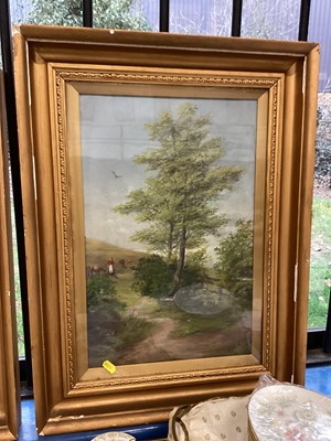 Lot 281 - Janie J Elder (late 19th century), oil on canvas, still life, signed with initials, together with a landscape by the same hand, both in gilt frames