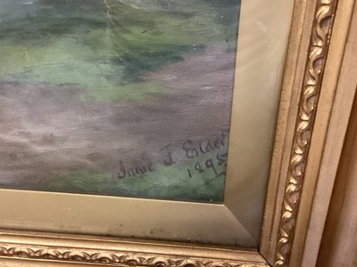 Lot 281 - Janie J Elder (late 19th century), oil on canvas, still life, signed with initials, together with a landscape by the same hand, both in gilt frames