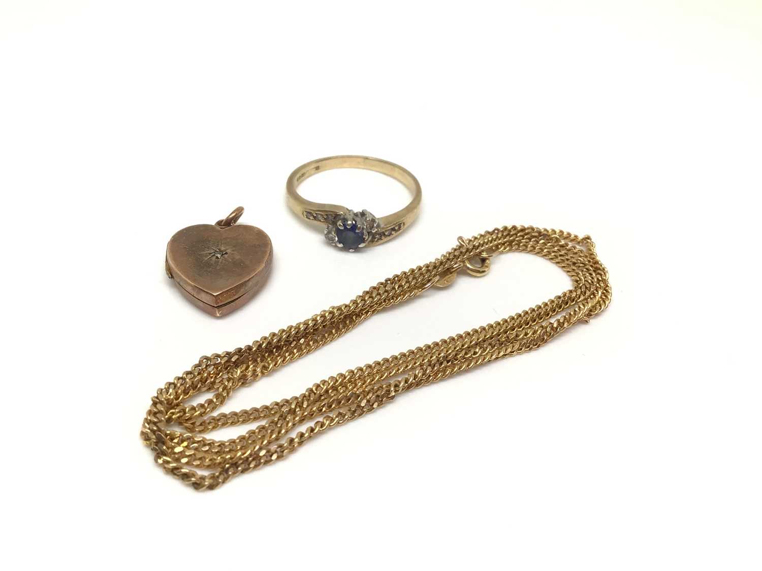 Lot 180 - 9ct gold sapphire and diamond ring, 9ct gold heart shaped locket and 9ct gold chain