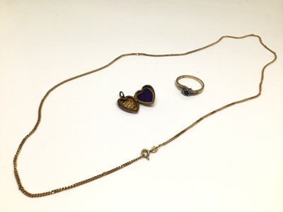 Lot 180 - 9ct gold sapphire and diamond ring, 9ct gold heart shaped locket and 9ct gold chain