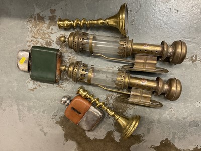 Lot 212 - Pair of GWR wall lamps, candlesticks, hip flasks