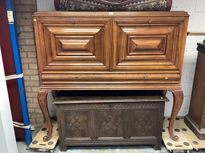 Lot 1123 - 1930's Dutch walnut cabinet with two panelled fall front doors enclosing shelf to one side and marble lined interior to the other side, two drawers below on cabriole legs, 151cm wide, 51cm deep, 14...