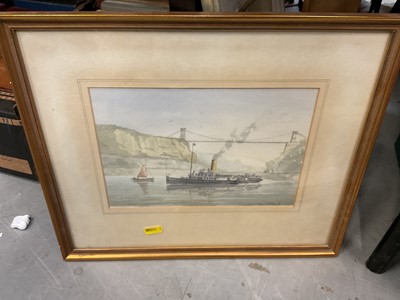 Lot 461 - Watercolour of a Paddlesteamer beneath the Clifton suspension bridge, together with a group of etching and other pictures.