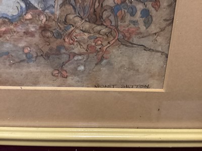 Lot 353 - Violet Sutton - pair of early 20th century watercolours in glazed frames depicting children, pixie and mythical birds