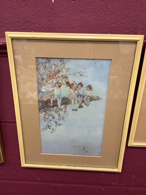 Lot 353 - Violet Sutton - pair of early 20th century watercolours in glazed frames depicting children, pixie and mythical birds