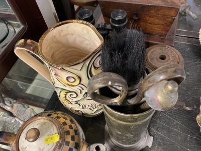Lot 186 - Oak tea caddy, brass coal bucket, two pairs of binoculars, bellows and sundries