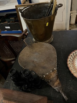 Lot 186 - Oak tea caddy, brass coal bucket, two pairs of binoculars, bellows and sundries