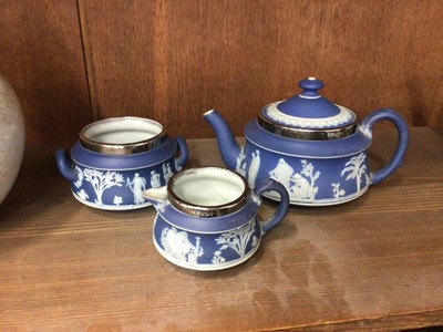 Lot 114 - Wedgwood silver mounted three piece jasperware tea set