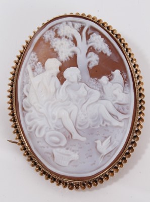 Lot 501 - Five cameo brooches to include a lava cameo in gold and diamond set mount, and three gold mounted Italian carved shell cameos (5)