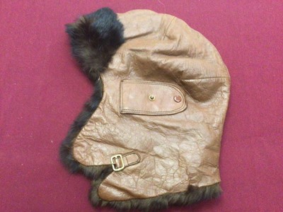 Lot 2092 - 1920s leather flying hat with mink fur lined interior and original label, the 'Referee' retailed by A W Gamage Ltd. Holborn