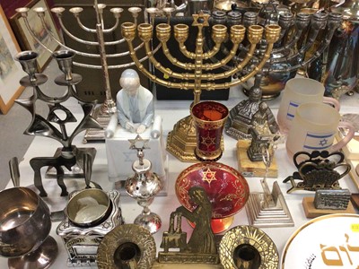 Lot 317 - Collection of Judaica including menorah candelabrum, ceramics, glassware, medallions and other related items