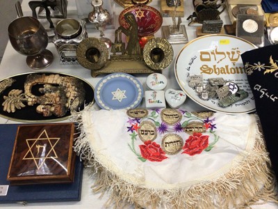 Lot 317 - Collection of Judaica including menorah candelabrum, ceramics, glassware, medallions and other related items