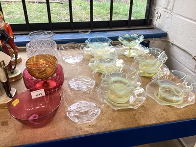 Lot 1213 - Late Victorian yellow Vaseline glass dessert bowls and stands and similar dish, possibly Powell (Whitefriars), and similar glass