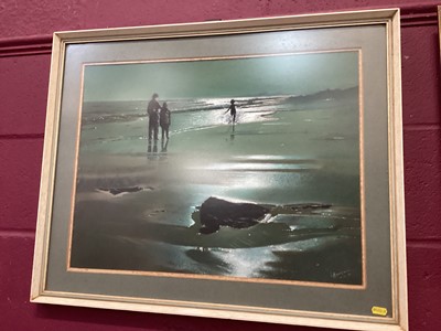Lot 354 - Pastel of figures on a moonlit beach, signed and dated 1976.