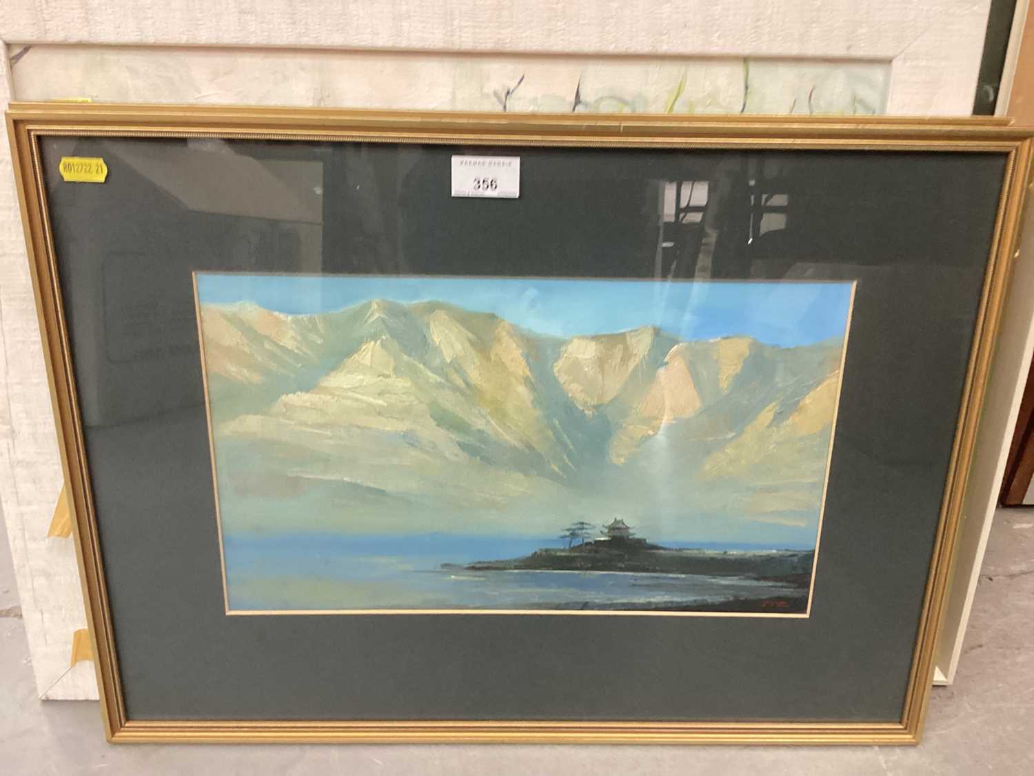 Lot 356 - Pair of oil paintings, possibly Jim Thompson Art Centre, Marion Gill oil painting of Edinburgh in Springtime, Tretchikoff print of the Lost Orchid and two Lowry prints (6)