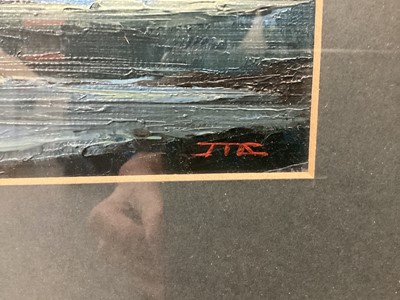 Lot 356 - Pair of oil paintings, possibly Jim Thompson Art Centre, Marion Gill oil painting of Edinburgh in Springtime, Tretchikoff print of the Lost Orchid and two Lowry prints (6)