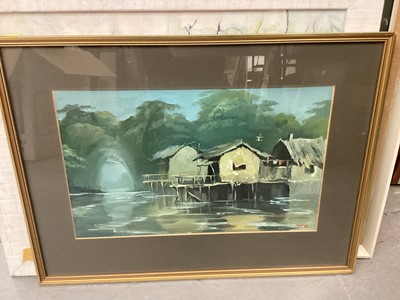 Lot 356 - Pair of oil paintings, possibly Jim Thompson Art Centre, Marion Gill oil painting of Edinburgh in Springtime, Tretchikoff print of the Lost Orchid and two Lowry prints (6)