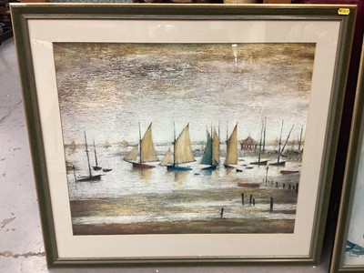 Lot 356 - Pair of oil paintings, possibly Jim Thompson Art Centre, Marion Gill oil painting of Edinburgh in Springtime, Tretchikoff print of the Lost Orchid and two Lowry prints (6)