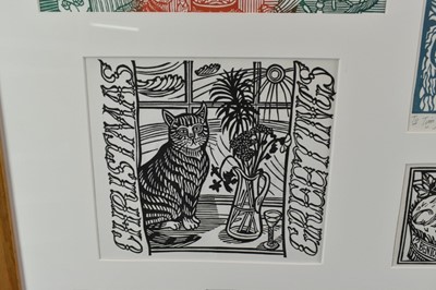 Lot 1127 - *Richard Bawden (b.1936) collection of eight Christmas card prints and a 1988 Private View invitation, mounted together in glazed frame