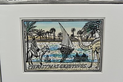 Lot 1127 - *Richard Bawden (b.1936) collection of eight Christmas card prints and a 1988 Private View invitation, mounted together in glazed frame