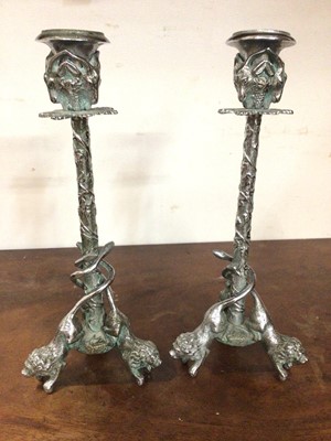 Lot 344 - Pair of unusual chrome plated candlesticks with lion, snake and ram's head decoration, together with an antique yew wood jewellery box