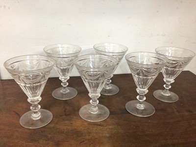 Lot 345 - Set of six Edwardian conical shaped wine glasses with swag decoration