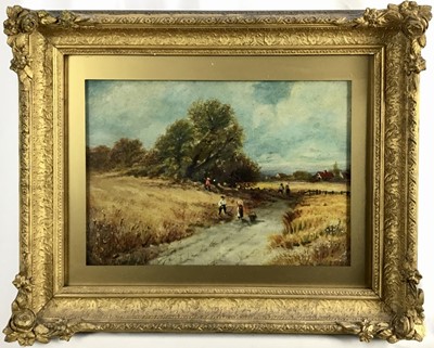 Lot 158 - 1920s English School oil on canvas - harvest scene, indistinctly signed and dated, 26 x 37cm, behind glass in ornate gilt frame