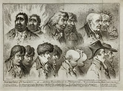 Lot 159 - James Gillray (1756-1815) etching - Doublûres of Characters -or -Striking Resemblances in Phisiognomy, 'If you would know men's hearts look in their faces -Lavater', pub London Nov. 1st 1798, J Wri...