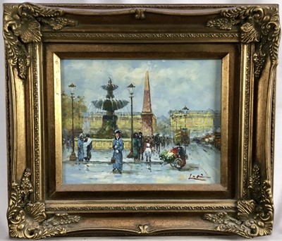 Lot 160 - 20th century, Continental School, oil on panel, Paris street scene, indistinctly signed 18.5cm x 24cm, in gilt frame