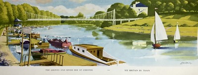 Lot 163 - Carriage print of The Groves and River Dee at Chester, by Lander, from the See Britain by Train series, 19.5cm x 56cm unframed together with black and white print of the Port at Nantes, 20cm x 59cm...