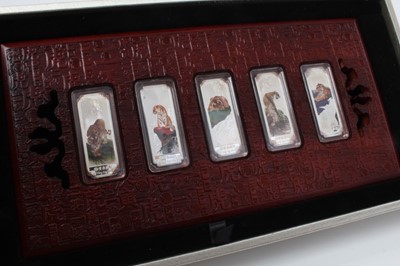 Lot 147 - China - .999 silver Ingots, colour printed with tigers x 5 at 10gms each, fitted into display plaque (N.B. Cased with Certificate of Authenticity) and dated 2010 (Silver ingot set)