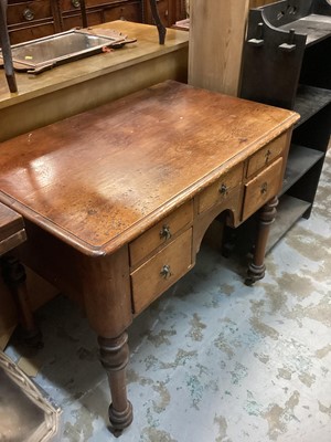 Lot 1064 - Victorian pine kneehole dresssing table with five drawers on turned legs, 86cm wide, 53cm deep, 75cm high