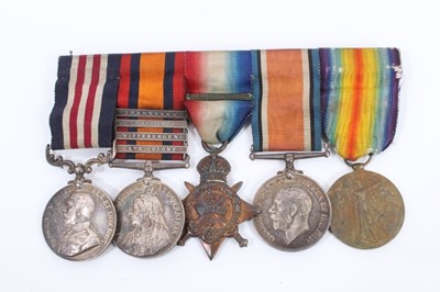 Lot 654 - First World War Military Medal Gallantry medal group, comprising M.M., Queen's South Africa Medal, 1914 'Mons Star', War and Victory medals, together with photographs and paperwork