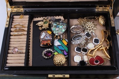 Lot 916 - Jewellery box containing rings, brooches, bead necklaces etc, other boxes, silver charm bracelet and various wristwatches
