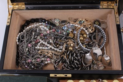 Lot 916 - Jewellery box containing rings, brooches, bead necklaces etc, other boxes, silver charm bracelet and various wristwatches