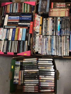 Lot 312 - Three boxes of DVDs, CDs and cassette audio books