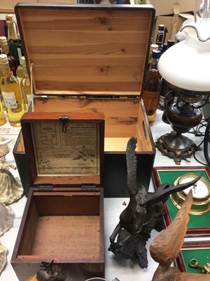 Lot 314 - Two wooden work boxes, wooden crates, cuckoo clock, desk globe, electric oil lamp, ornaments and other items