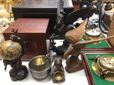 Lot 314 - Two wooden work boxes, wooden crates, cuckoo clock, desk globe, electric oil lamp, ornaments and other items