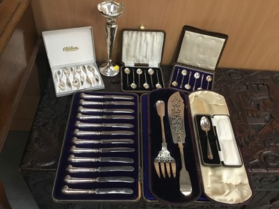 Lot 824 - Victorian silver fish servers, cased and other cased silver and a spill vase