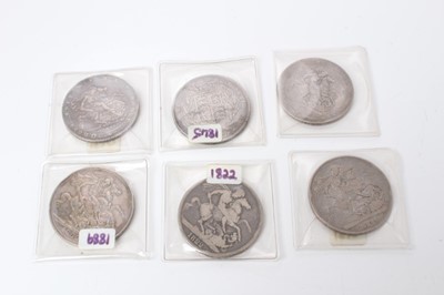 Lot 159 - G.B. - Mixed silver Crowns to include George III 1819 Fair, 1820 (N.B. Digs to Obv. fields) otherwise AVF, George IV 1822 x 2 G-VG, Victoria YH 1845 (N.B. Scratch on Obv.) otherwise GF-AVF & JH 188...