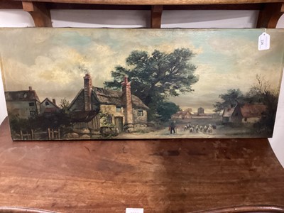 Lot 328 - N.Exley 1910 an unframed oil on canvas of a shepherd and sheep by a cottage, signed and dated 33 x 81cm